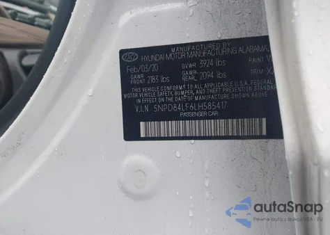 2020 Hyundai Elantra Value Edition z USA, uszkodzony, nr VIN 5NPD84LF6LH585417